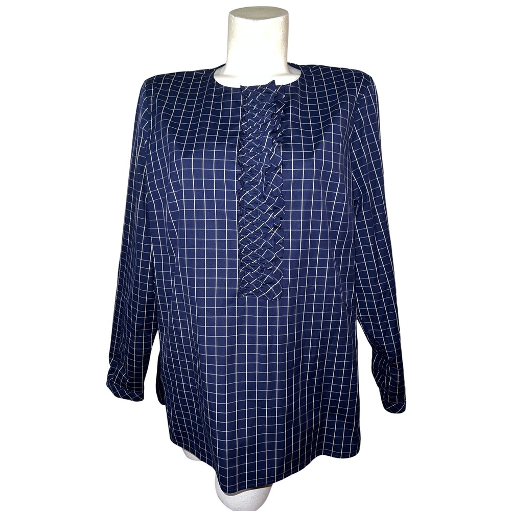Lafayette 148 New York Navy Blue Windowpane Grid Ruffle Tunic Blouse XL FAB#1J91